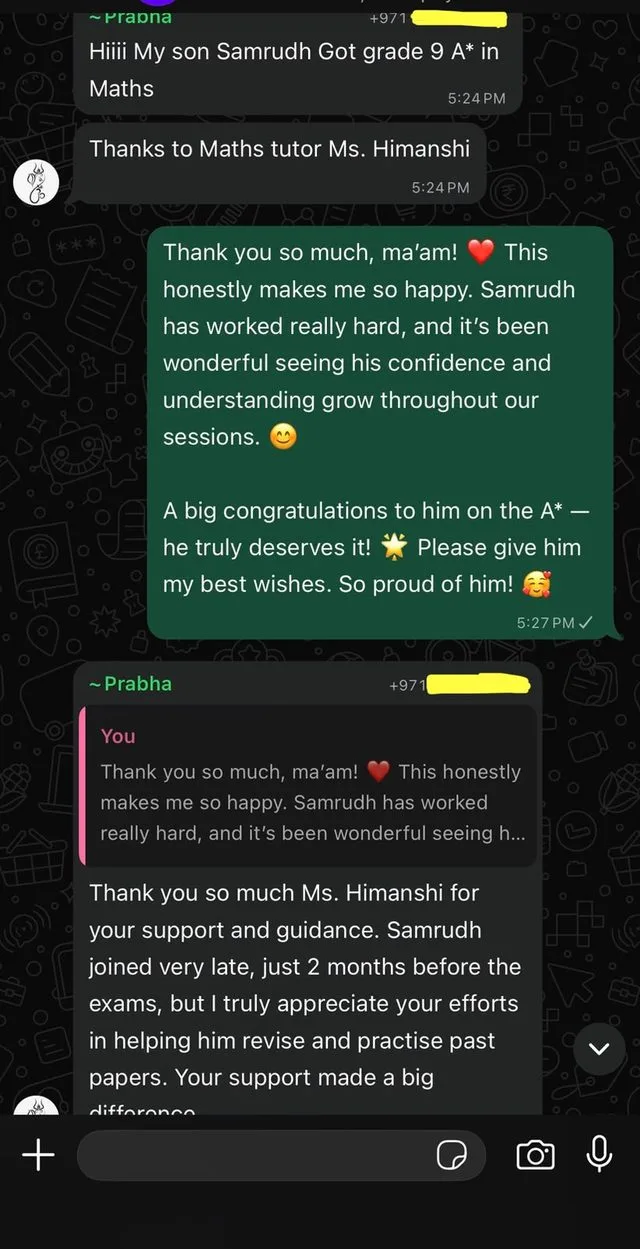 WhatsApp message from a parent — son Samrudh scored a Grade 9 A* in Maths, Year 11 Edexcel 4MA1 Higher Tier