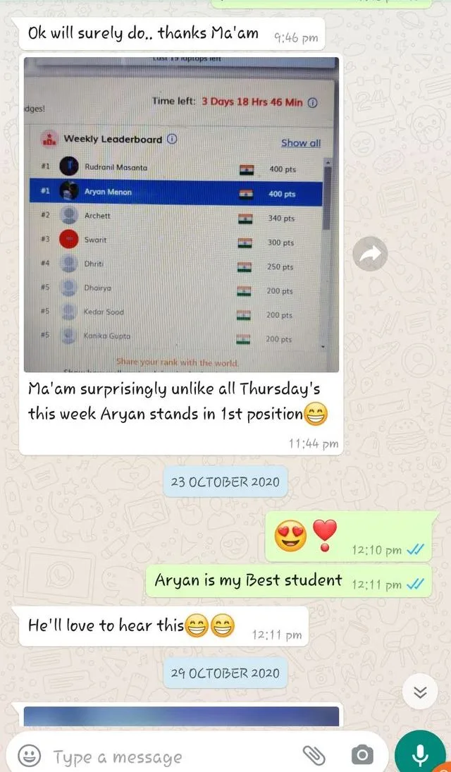 Parent WhatsApp message — child topped the weekly leaderboard