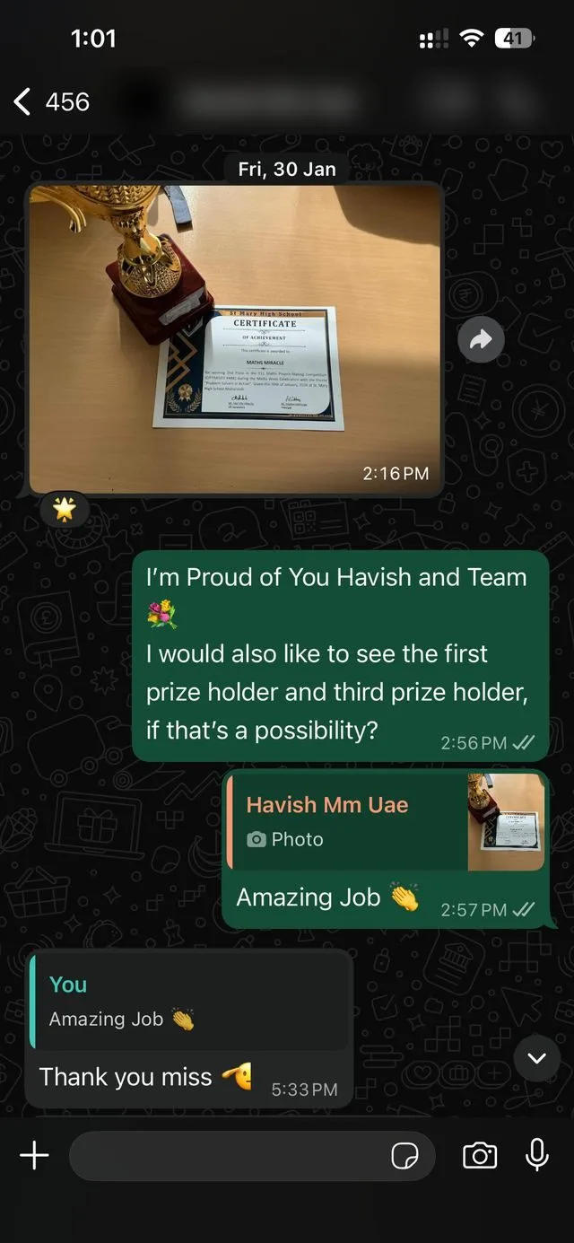 Proud parent shares their son's maths competition trophy on WhatsApp