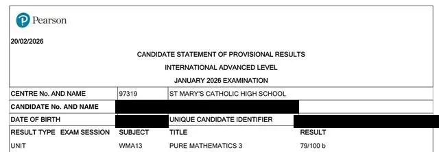 International A-Level Pure Mathematics result, personal details redacted