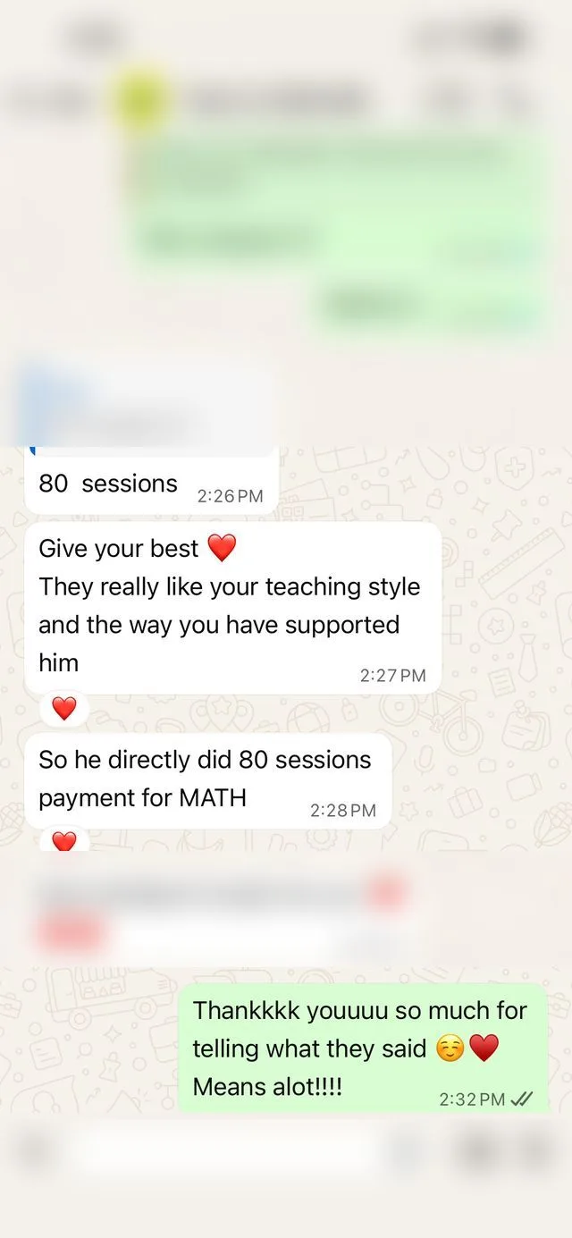 Message showing an 80-session Maths renewal and thank you